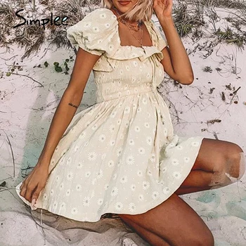 Simplee Ziedu drukāt sieviešu kleita Vasaras puff piedurknēm ruched mežģīņu kleita Streetwear pludmales līnijas dāmas puse kleita vestidos