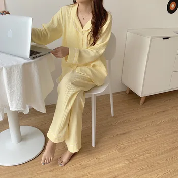 Sleepwear Pāris Pidžamas Komplekts Vienkāršu, vienkrāsainu korejas Krekls Stilā Rudens garām piedurknēm Mājas Valkāt Sieviešu/vīriešu Pidžamas divdaļīga Komplekts