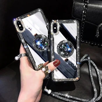 Spogulis Rhinestone Grims Sievietes Lietā Par iPhone X XR Xs 6s 7 8 Plus 12 11 Pro Max Gadījumā Mirdzēt Bling Dimanta Gredzenu Turētājs Siksniņa