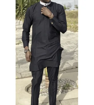Stand Apkakli Dizaina Tops Melnā Senators Stilu Vīriešu Apģērbs Krekli+Bikses Āfrikas Modes Baltā kakla Izgriezumu Vīrieša Elsas Komplekti