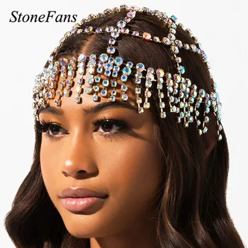 Stonefans Moderns Cepuri Rhinestone Pušķis Headpiece Pieres Ķēdes Sievietēm Kristāla Indijas Līgavas Galvas Ķēdes Kāzu Rotaslietas