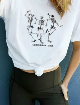 Sunfiz HJN Dzīvot Savu Vislabāko Dzīves Eņģelis Galvaskausa T Krekls Modes Tees Skelets Drukāt Estētisko T-Krekls Tumblr Gudrs GraphicTee