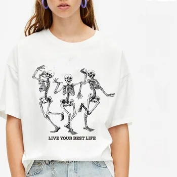 Sunfiz HJN Dzīvot Savu Vislabāko Dzīves Eņģelis Galvaskausa T Krekls Modes Tees Skelets Drukāt Estētisko T-Krekls Tumblr Gudrs GraphicTee