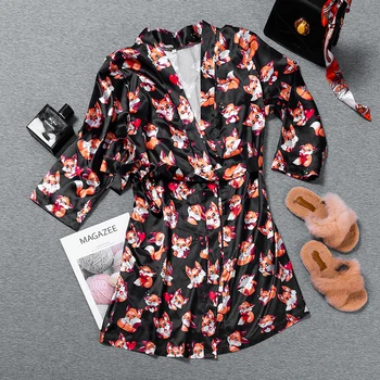Suphis Fox Pidžamu Modelis Sieviešu Drānās Ar Vērtnes Drukāt Trīs Ceturtdaļu Piedurknēm Sexy Drēbes Satīna V-Veida Kakla Elegants Nakts Sleepwear