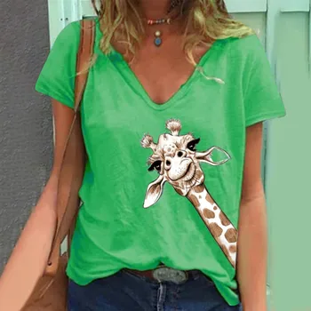 T gadījuma vasaras žirafe drukas T krekli Jaunu sieviešu multiplikācijas filmu gadījuma t-krekls dāma īsām piedurknēm topi, t-veida krekls drēbes