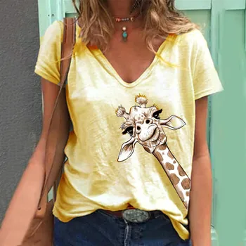 T gadījuma vasaras žirafe drukas T krekli Jaunu sieviešu multiplikācijas filmu gadījuma t-krekls dāma īsām piedurknēm topi, t-veida krekls drēbes