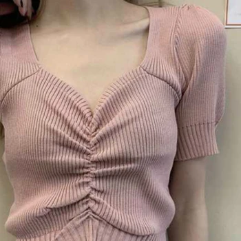 T-krekli, Sieviešu Cietā Trikotāžas Moderns Kroku korejiešu Stilā Īss Šiks Kultūraugu Top Sexy Sieviešu Apģērbu Vienkāršu Streetwear Visu maču