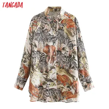 Tangada sieviešu retro lielgabarīta dzīvnieku print krekli blūze ar garām piedurknēm, elegants sieviešu brīvs krekls blusas XN330