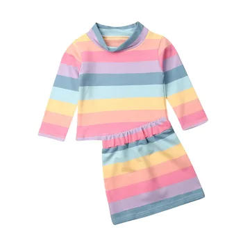 Toddler Bērniem, Baby Meiteņu Drēbes, Uzstādīt 2019. Gada Rudenī ar garām Piedurknēm Svītrainām augstu uzrullētu apkakli T-krekls Topi Mini Svārki 2gab Apģērbs Apģērbs