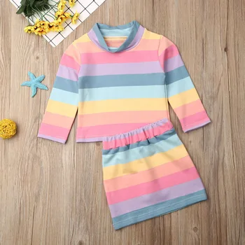 Toddler Bērniem, Baby Meiteņu Drēbes, Uzstādīt 2019. Gada Rudenī ar garām Piedurknēm Svītrainām augstu uzrullētu apkakli T-krekls Topi Mini Svārki 2gab Apģērbs Apģērbs