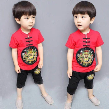 Toddler bērnu kostīmi Vasaras modes meiteņu, zēnu drēbes topi+Šorti Ķīniešu komplekti zēnu apģērba Sarkanu kokvilnas bērnu kostīmi