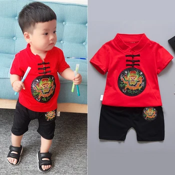 Toddler bērnu kostīmi Vasaras modes meiteņu, zēnu drēbes topi+Šorti Ķīniešu komplekti zēnu apģērba Sarkanu kokvilnas bērnu kostīmi