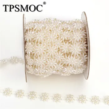 TPSMOC Bezmaksas piegāde 10Yards kostīmu aplikācijas 15mm ziedu formas pērle apdares ķēdes Kāzu kleitu, Kāzu Dekorēšana