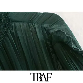 TRAF Sieviešu Vintage Šiks Ruffles Kroku Redzēt Cauri Šifona Midi Kleitu Modes garām Piedurknēm Elastīgs Viduklis Sieviešu Kleitas Vestidos