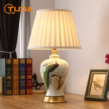 TUDA Amerikāņu Galda Lampas Guļamistabas Gultas Lampa Jaunu Ķīniešu Stilā Eiropas Stila Krāsotas Ziedu un Putnu Keramikas Galda Lampas