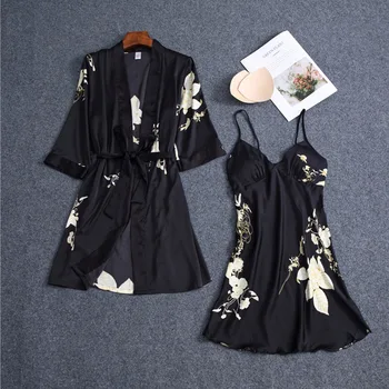 Tērpu komplekti 2020. gadam ziedu iespiesti sieviešu vasaras zīda pidžamas divdaļīga set home miega topi Japāņu kleitu par meiteni, Phoentin FG101