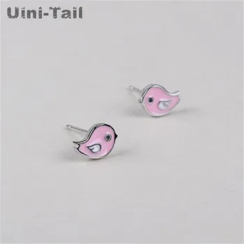 Uini-Asti jauns 925 sterling sudraba korejiešu versija mazu, svaigu un jauki rozā putnu auskari salds modes rotaslietas GN144