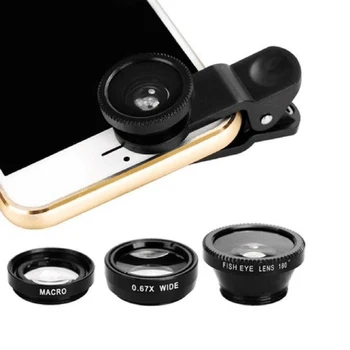 Universālā Klipu 3 in 1 HD fish Eye (Zivs acs Kameras makro, Platleņķa Tālrunis Objektīvs iPhone 7 8 6 6s Plus X Samsung Xiaomi redmi Huawei