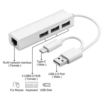 USB Ethernet ar 3-Port HUB, USB 2.0+Tipa C RJ45 Lan Tīkla Karte USB savienojumu ar Ethernet Adapteris iOS Android, USB 2.0 Type-C HUB