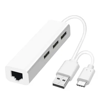 USB Ethernet ar 3-Port HUB, USB 2.0+Tipa C RJ45 Lan Tīkla Karte USB savienojumu ar Ethernet Adapteris iOS Android, USB 2.0 Type-C HUB