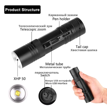USB Lādējamu XHP50 LED Taktiskais Lukturītis Jaudīgu 3 Apgaismojuma Režīmi Zoomable Ūdensdrošs kabatas Lukturītis, kas Izmanto 18650 vai 26650 Akumulators