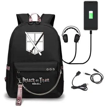 Uzbrukums Titan Mugursoma Eren Cosplay Soma Shingeki Nav Kyojin USB Uzlādes Schoolbag (Unisex) Ikdienas Mochila