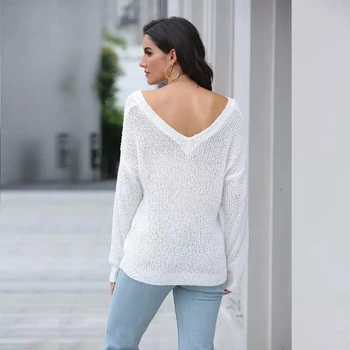 V-veida kakla garām piedurknēm adīts džemperis vienkrāsainu džemperi 2020. gada rudens un ziemas