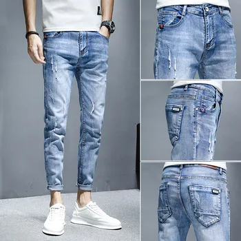 Vairumtirdzniecības 2020. gadam pusaudžiem Džinsa Džinsi vīriešu korejas kājām zīmola stiept vīriešu bikses, vasaras plānas gadījuma ripped potītes garuma bikses