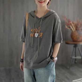 Vasaras Korejas Modes Sievietēm ar Īsām Piedurknēm Brīvs T-krekls Visiem atbilstības Gadījuma Vēstuli Izdrukāt Kapuci Tee Kreklu Femme Topi Plus Lieluma M01