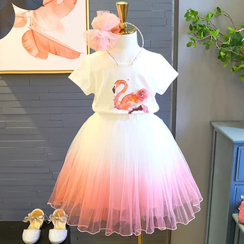 Vasaras Meiteņu Uzvalks Elegants Princese Puse Īsām Piedurknēm T-Krekls + Gradients Marli Marli Svārki Divdaļīga Bērnu Apģērbu Komplekts