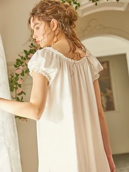 Vasaras Mīkstu Kokvilnas Sieviešu Īsām Piedurknēm Ilgi Nightgowns Meitenes Vintage Princese Baltā Mežģīņu Sleepwear Mājas Kleita