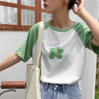 Vasaras Ziedu Drukāt korejas Ulzzang T-krekls Sievietēm-Salda Gadījuma O-veida Kakla T-krekls ar Īsām Piedurknēm Zaudēt Cute Apģērbs