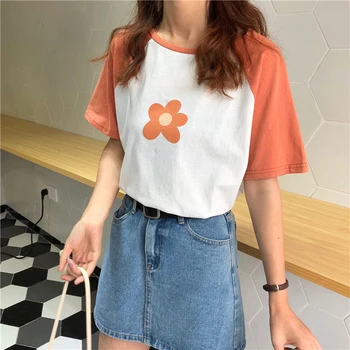 Vasaras Ziedu Drukāt korejas Ulzzang T-krekls Sievietēm-Salda Gadījuma O-veida Kakla T-krekls ar Īsām Piedurknēm Zaudēt Cute Apģērbs