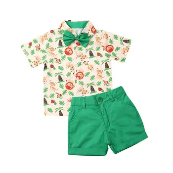 Vasarā Bērni Zēnu Apģērbu Komplekti Bērnu Džentlmenis Īsām Piedurknēm Lauvas Drukāt Bowtie T krekls+Šorti Bikses Toddler Zēns Gadījuma Tērpiem Mazulis