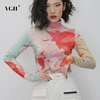 VGH Eleganta Drukas Hit Krāsu Sieviešu T-krekls augstu uzrullētu apkakli ar garām Piedurknēm Slim T Krekli Sieviešu Modes 2020. Gadam Apģērbu Vasaras Jūra