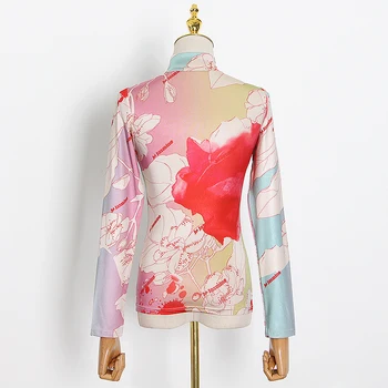 VGH Eleganta Drukas Hit Krāsu Sieviešu T-krekls augstu uzrullētu apkakli ar garām Piedurknēm Slim T Krekli Sieviešu Modes 2020. Gadam Apģērbu Vasaras Jūra