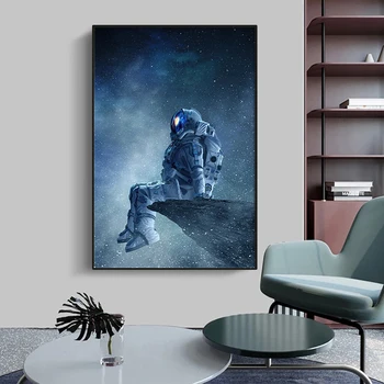 Vientuļš astronauts, sēžot telpā. Mākslas audekla glezna, glezna, plakāts un foto sienas apdares guļamistabai dekoratīvās apdares