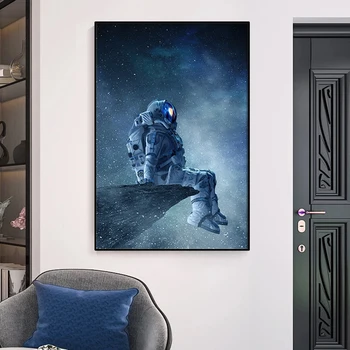 Vientuļš astronauts, sēžot telpā. Mākslas audekla glezna, glezna, plakāts un foto sienas apdares guļamistabai dekoratīvās apdares