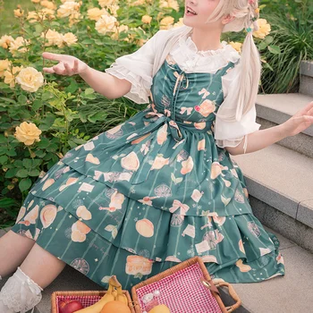 Viktorijas Vintage Sweet Lolita Jsk Kleita Sievietēm Japāņu Harajuku Bez Piedurknēm, Medus, Citronu Drukāt Princess Puse Kleitas Meitenēm Kleita