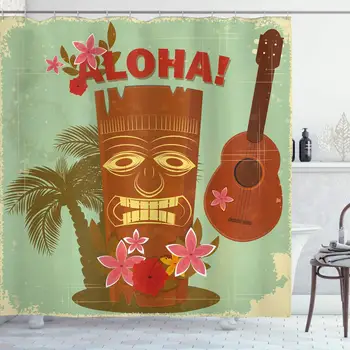 Vintage Hawaii Dušas Aizkaru, Vecās Skolas Havaju Attēlu ar Masku Ziedu Elementiem, Ģitāra un Palmu Koki, audums Auduma Vannas istaba