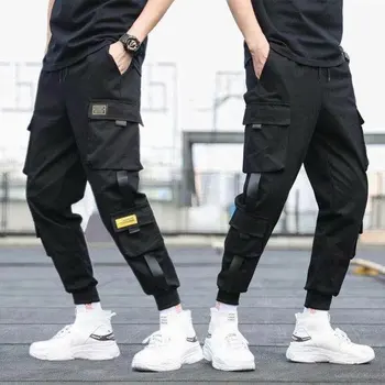 Vīrieši Lentes Krāsas Bloka Black Kabatas Kravas Harēma Bikses Joggers Harajuku Sweatpant Hip Hop Bikses