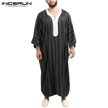 Vīrieši Musulmaņu Jubba Thobe Raibs Svītrainām V Kakla garām Piedurknēm Caftan Dubaija Drēbes, Vintage Islāma arābu Vīriešiem Kaftan INCERUN S-5XL