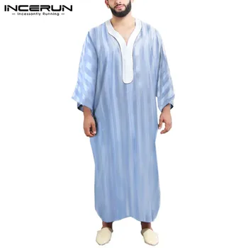 Vīrieši Musulmaņu Jubba Thobe Raibs Svītrainām V Kakla garām Piedurknēm Caftan Dubaija Drēbes, Vintage Islāma arābu Vīriešiem Kaftan INCERUN S-5XL