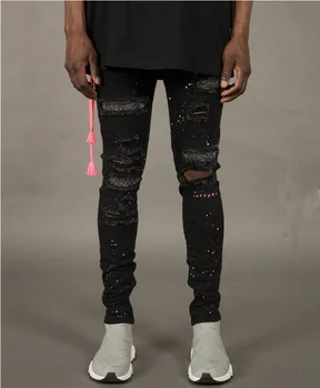 Vīriešiem gadījuma džinsi modes mazgā problemātisko stiept slim fit džinsi vīriešu zīmuli bikses street hip-hop stila džinsa bikses