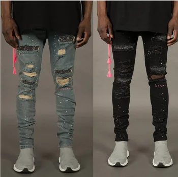 Vīriešiem gadījuma džinsi modes mazgā problemātisko stiept slim fit džinsi vīriešu zīmuli bikses street hip-hop stila džinsa bikses