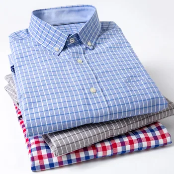 Vīriešu biznesa pleds krekls multi-stilu pogu apdare garām piedurknēm krekls