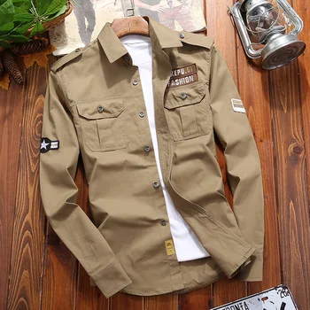 Vīriešu Krekli Militāro Kokvilnas Krekls Haki Gadījuma Retro Slim Fit ar Kabatas ar garām Piedurknēm Vintage Jaka Streetwear Piliens Kuģniecība