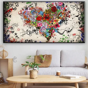 WANGART-Abstrakti krāsains sirds ziedi uz audekla eļļas glezna plakāti un izdrukas Skandināvijas dzīvojamā istaba bildes
