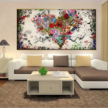 WANGART-Abstrakti krāsains sirds ziedi uz audekla eļļas glezna plakāti un izdrukas Skandināvijas dzīvojamā istaba bildes
