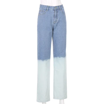 Weekeep Tie Krāsošanas Streetwear Modes Ilgi Taisni Džinsi Bikses 90s Vintage Pogas Lidot Kravas Džinsa Bikses Sieviešu Augstās Jostasvietas Bikses